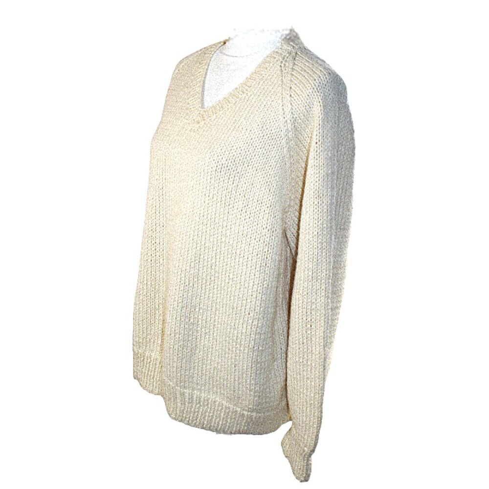Hand Knit Custom Designer Heavy Cable Calf Face Cream V-Neck Sweater Size Large - Picture 8 of 8